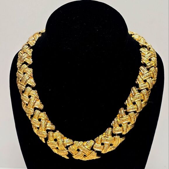 Vintage 90s Anne Klein Gold Metal Chunky Statement Necklace Choker Collar - Picture 1 of 10